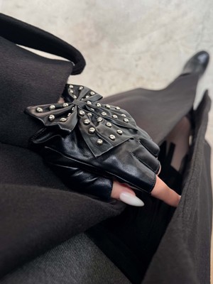 Feiry Fiyonklu Deri Eldiven Siyah