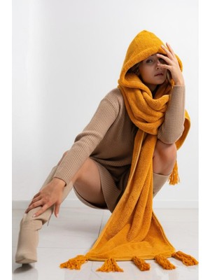 Cakkatex Wellsoft Peluş Kapüşonlu Püsküllü Modern  Atkı