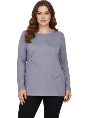 Wearon Kadın Gri Sıfır Yaka Taşlı Bluz BGL-ST05151