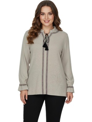 Wearon Kadın Yumoş Yaka Bağcıklı Kol Valonlu Modelli Bluz BGL-ST05141