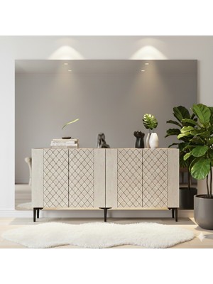 Yumedi Design KA1512BT - Defne Konsol, Tv Sehpası, Çok Amaçlı Dolap ve Kahve Köşesi 150CM Beyaz-Traverten