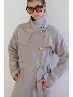 Touche Kemerli Gold Düğmeli Kruvaze Keten Trençkot Gri