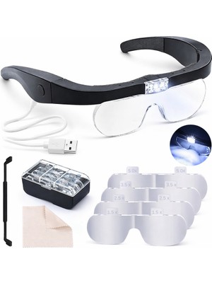 Tarez MG-11537DC LED ’li Şarjlı Gözlük Büyüteç | 4 Mercekli Profesyonel Kafa Tipi Büyüteç