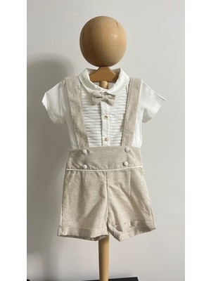 Atelier Alpi Bej Askılı Papyonlu Erkek Bebek Şort Takımı