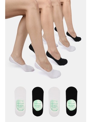 ERENART Bambu Kadın Babet Siyah-Beyaz Çorap Dikişsiz Görünmez Kaydırmaz Topuk Silikonlu Premium 4'lü Paket