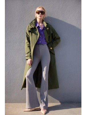 Touche Kemerli Gold Düğmeli Kruvaze Trençkot Haki