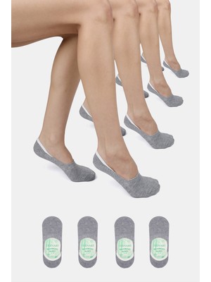 ERENART Bambu Kadın Babet Gri Melanj Çorap Dikişsiz Görünmez Kaydırmaz Topuk Silikonlu Premium 4'lü Paket