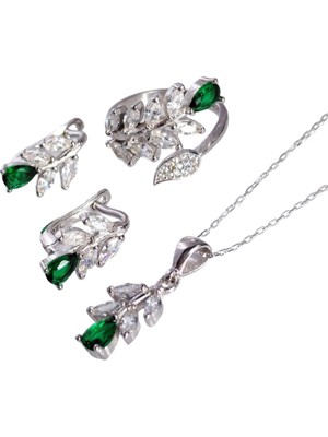 925 Ayar Gümüş Garnet Yeşil Yaprak Tasarım Kolye Küpe Yüzük Kadın Set