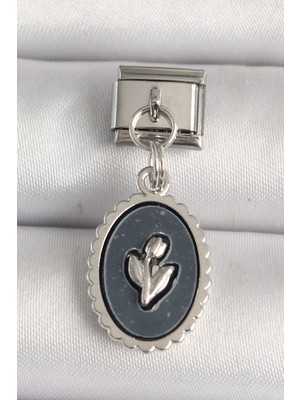 Epilons 316L Çelik Gümüş Renk Çiçek Işlemeli Siyah Portre Model Nomination Charm - TJ-BC1215