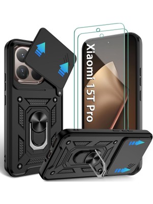 Kip GSM Xiaomi Mi 15T Pro Uyumlu Ekran Koruyucu+Kılıf Sürgülü Yüzüklü Standlı Darbe Emici Tank Kapak