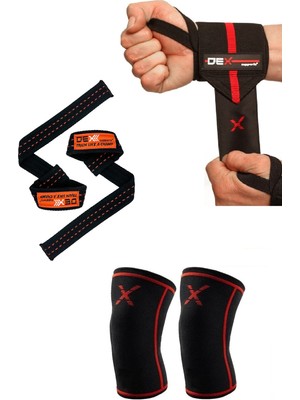 Dex Supports Fitness Dizlik Knee Sleeve , Spor Bileklik Elite Wrist Wraps , Ağırlık Kaldırma Kayışı Lifting Straps Turuncu 3'lü Set