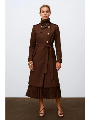 Touche Kemerli Gold Düğmeli Kruvaze Trençkot Kahverengi