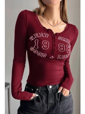 8line Bordo Keep Smile Düğmeli Street Y2K Uzun Kollu Crop