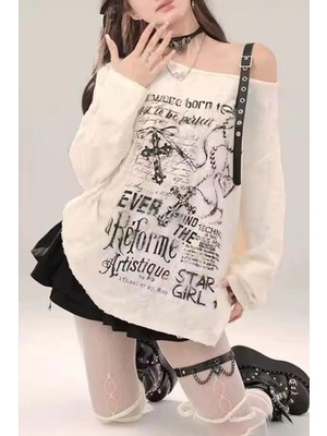 8line Beyaz Star Girl Kemer Askılı Y2K Uzun Kollu Crop