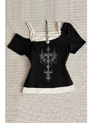 8line Siyah Gothic Cross Pattern Madonna Yaka Ek Askılı Kısa Kollu Full Body Crop