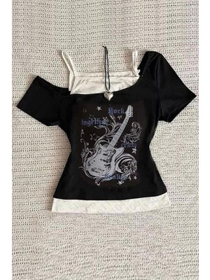 8line Siyah Gotik Guitar Madonna Yaka Ek Askılı Y2K Kısa Kollu Full Body Crop