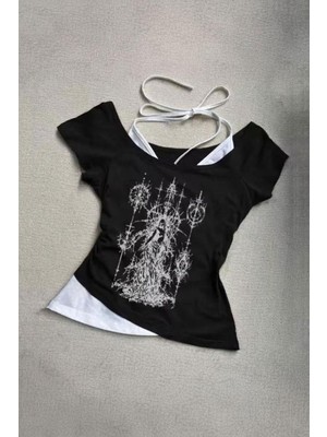 8line Siyah Gotik Wizard Angel Beyaz Ekli Y2K Kısa Kollu Crop