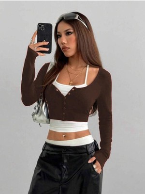 8line Kahve Geniş Yaka Düğmeli Boyun Bağlamalı Uzun Kollu Bluz