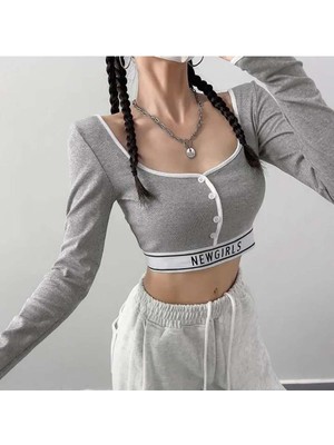 8line Gri Melanj Düğmeli Beyaz Şeritli Newgirls Uzun Kollu Crop