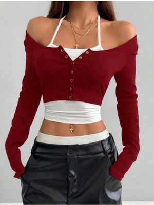 8line Kırmızı Geniş Yaka Düğmeli Boyun Bağlamalı Uzun Kollu Bluz