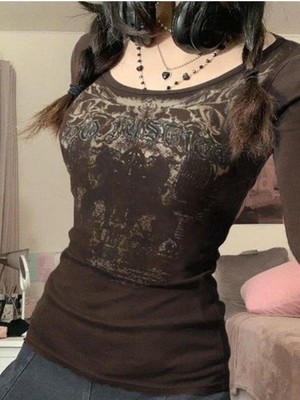 8line Kahverengi Vintage Do Justica Uzun Kollu Bluz