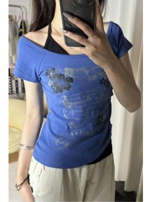 8line Lacivert Nuit Magique Madonna Yaka Ek Askılı Kısa Kollu Full Body Crop