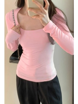 8line Pembe Basic Uzun Kollu Crop