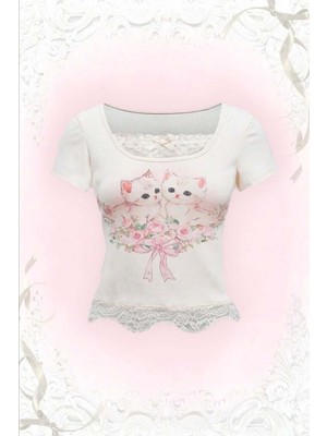 8line Beyaz Kawaii Cat Dantel Detaylı Kısa Kollu Crop