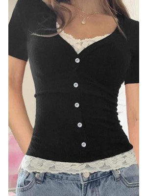 8line Siyah Düğmeli Dantel Yaka ve Bel Detaylı Kısa Kollu Crop