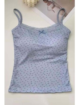 8line Mavi Minik Fiyonk ve Çiçek Desenli Askılı Crop