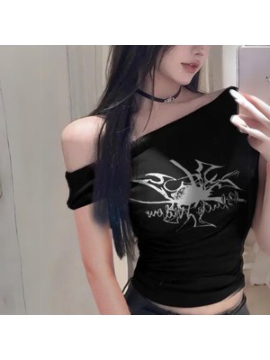 8line Siyah Black Widow Omuzu Açık Spider Kısa Kollu Crop