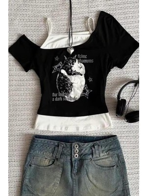 8line Siyah Balance Cat Our Love Is Ek Askılı Kısa Kollu Full Body Crop