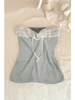 8line Gri Dantelli Kurdeleli Y2K Straplez Crop