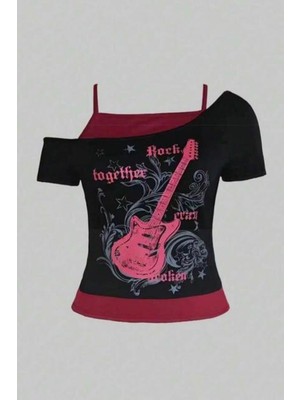 8line Siyah Rock Together Pink Guitar Ek Askılı Kısa Kollu Full Body Crop