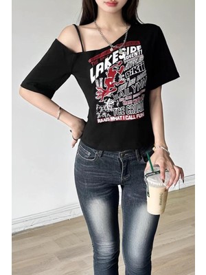 8line Siyah Lakeside Omuz Dekolteli Askılı Kısa Kollu Crop