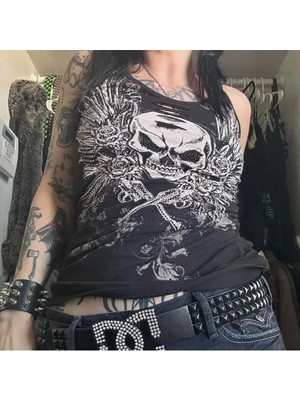 8line Siyah Vintage Skull Wings Cyber Grunge Full Body Askılı Crop