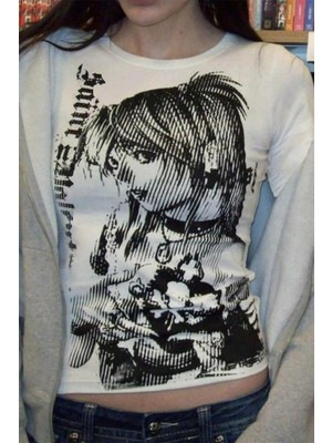 8line Beyaz Vintage Anime Misa Amane Saint Gotik Y2K Uzun Kollu Crop