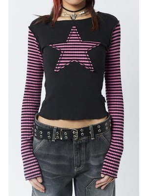 8line Siyah Raglan Pembe Star Uzun Kollu Crop
