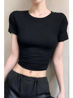 8line Siyah Butterfly Sırt Dekolteli Kısa Kollu Crop