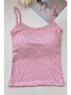8line Pembe Minik Fiyonk ve Çiçek Desenli Askılı Crop