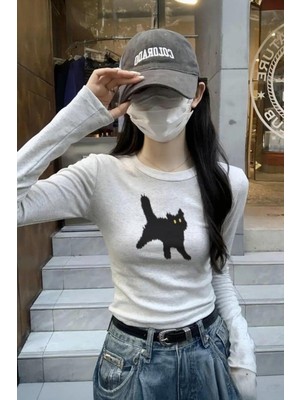 8line Kar Melanj Cat Bisiklet Yaka Street Y2K Uzun Kollu Crop