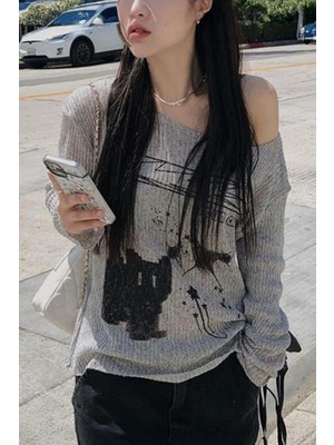 8line Gri Melanj Cat Omuz Dekolteli Street Y2K Uzun Kollu Crop