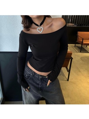 8line Siyah Madonna Yaka Uzun Kollu Crop Bluz