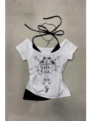 8line Beyaz Gotik Cross Wing Askılı Y2K Kısa Kollu Crop