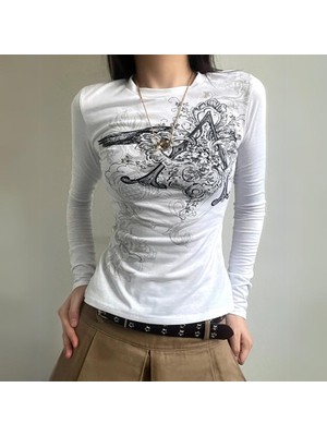 8line Beyaz Vintage Punk Patterned Uzun Kollu Crop