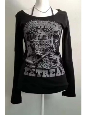 8line Siyah Black Thae Festival Harajuku Y2K Bağlamalı Uzun Kollu Crop