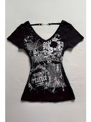 8line Siyah Startle Askılı Gotik Kısa Kollu Crop