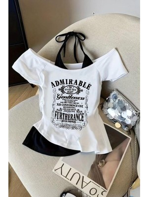 8line Beyaz Admirable Madonna Yaka Ek Askılı Gotik Y2K Kısa Kollu Full Body Crop