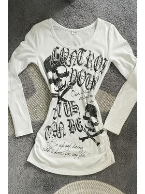 8line Beyaz Gotik Skulls Control Geniş Yaka Y2K Uzun Kollu Crop