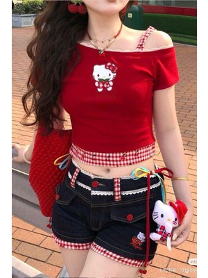 8line Kırmızı Hello Kitty Sırt Nakışlı Ek Askılı Kısa Kollu Crop
